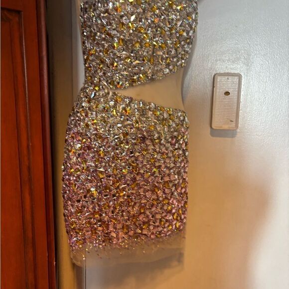 JOVANI Dress Formal Beaded Prom Sheer Nude Silver Illusion Mesh Gown rhinestone - Picture 5 of 10